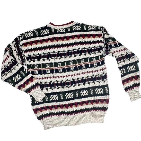 Vintage 90s Grandpa Sweater Crewneck Pullover Geometric Stripes 100% Cotton | L - Picture 2 of 10